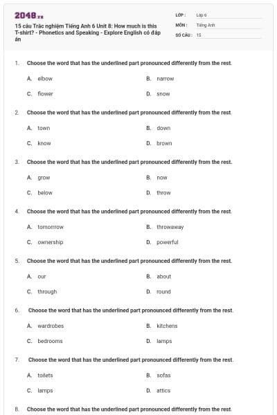 15 câu Trắc nghiệm Tiếng Anh 6 Unit 8: How much is this T-shirt? - Phonetics and Speaking - Explore English có đáp án