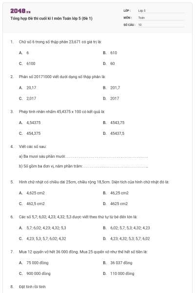 Tổng hợp Đề thi cuối kì I môn Toán lớp 5 (Đề 1)