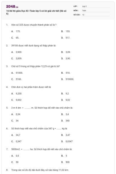 16 Để thi giữa Học Kì I Toán lớp 5 có lời giải chi tiết (Đề số 6)