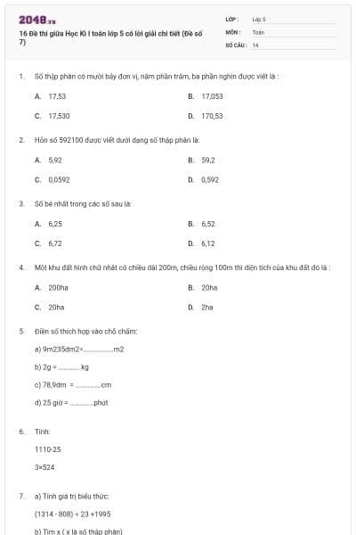 16 Đề thi giữa Học Kì I toán lớp 5 có lời giải chi tiết (Đề số 7)