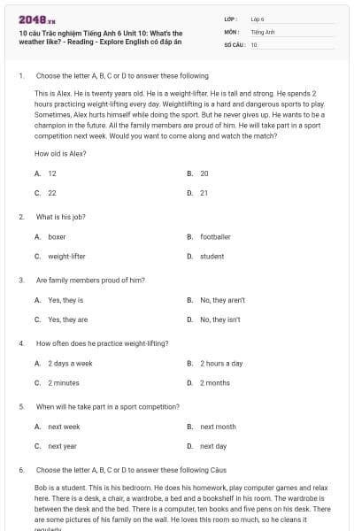 10 câu Trắc nghiệm Tiếng Anh 6 Unit 10: What's the weather like? - Reading - Explore English có đáp án