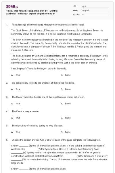 10 câu Trắc nghiệm Tiếng Anh 6 Unit 11: I went to Australia! - Reading - Explore English có đáp án