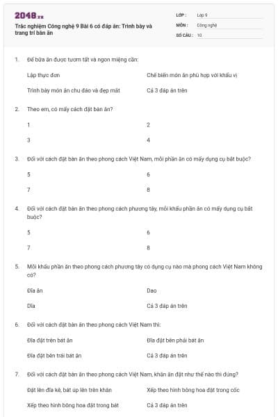 Trắc nghiệm Công nghệ 9 Bài 6 có đáp án: Trình bày và trang trí bàn ăn