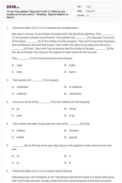 10 câu Trắc nghiệm Tiếng Anh 6 Unit 12: What do you usually do for new year's? - Reading - Explore English có đáp án