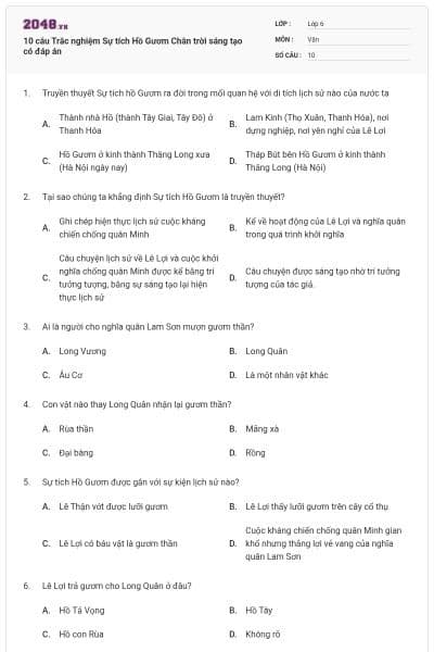 10 câu Trắc nghiệm Sự tích Hồ Gươm Chân trời sáng tạo có đáp án