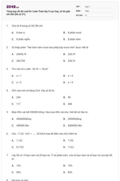 Tổng hợp đề thi cuối kì I môn Toán lớp 5 cực hay, có lời giải chi tiết (Đề số 21)
