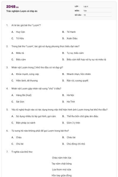 Trắc nghiệm Lượm có đáp án