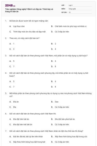 Trắc nghiệm Công nghệ 9 Bài 6 có đáp án: Trình bày và trang trí bàn ăn