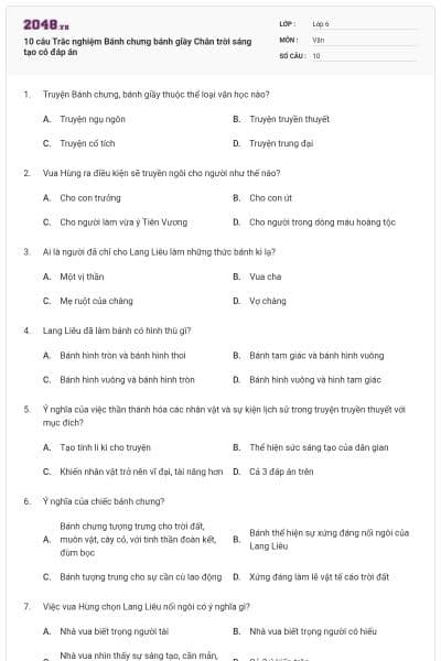 10 câu Trắc nghiệm Bánh chưng bánh giầy Chân trời sáng tạo có đáp án