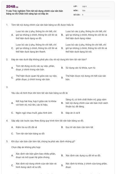9 câu Trắc nghiệm Tóm tắt nội dung chính của văn bản bằng sơ đồ Chân trời sáng tạo có đáp án