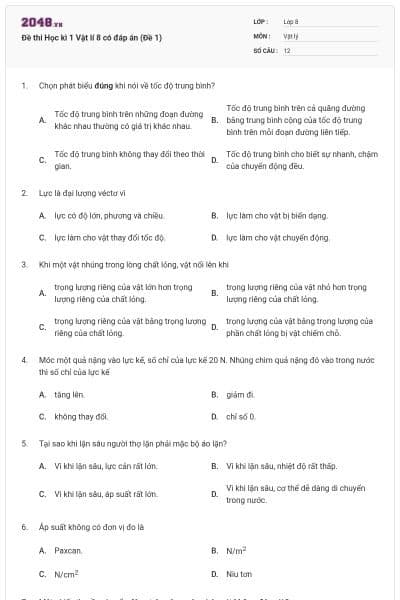 Đề thi Học kì 1 Vật lí 8 có đáp án (Đề 1)