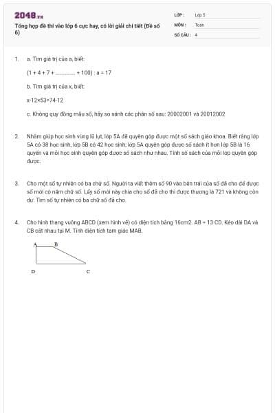 Tổng hợp đề thi vào lớp 6 cực hay, có lời giải chi tiết (Đề số 6)