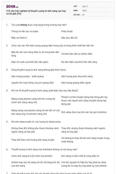 215 câu trắc nghiệm lý thuyết Lượng tử ánh sáng cực hay có lời giải (P4)