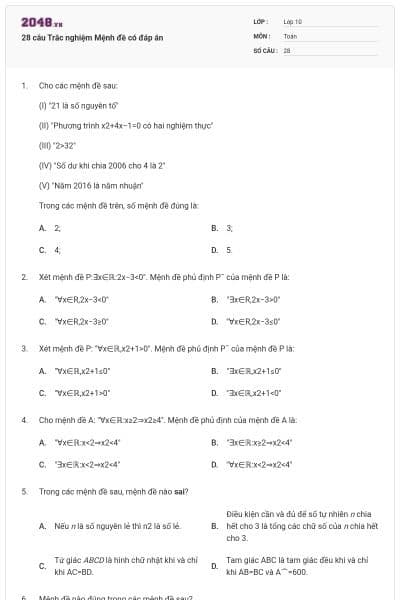 28 câu Trắc nghiệm Mệnh đề có đáp án
