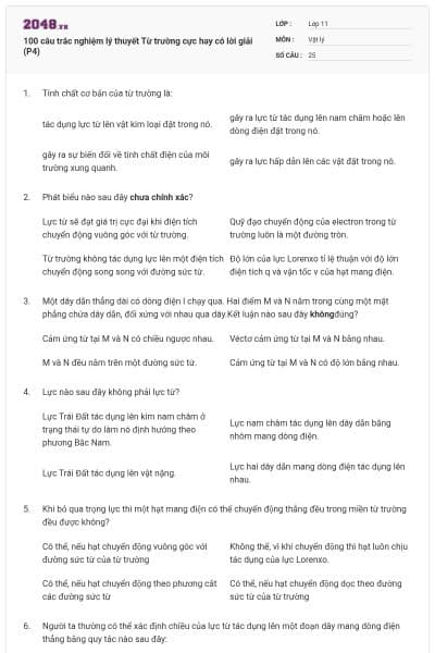 100 câu trắc nghiệm lý thuyết Từ trường cực hay có lời giải (P4)