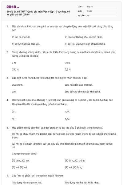 Bộ đề ôn thi THPT Quốc gia môn Vật lý lớp 10 cực hay, có lời giải chi tiết (Đề 9)