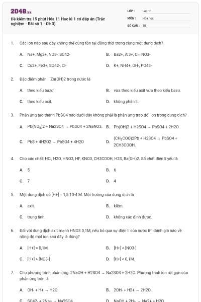 Đề kiểm tra 15 phút Hóa 11 Học kì 1 có đáp án (Trắc nghiệm - Bài số 1 - Đề 3)