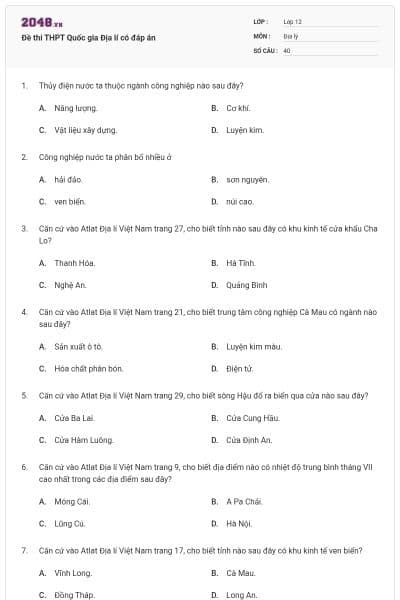 Đề thi THPT Quốc gia Địa lí có đáp án