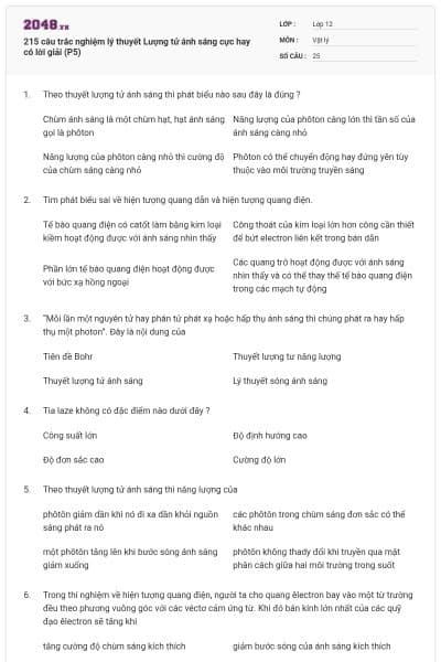 215 câu trắc nghiệm lý thuyết Lượng tử ánh sáng cực hay có lời giải (P5)