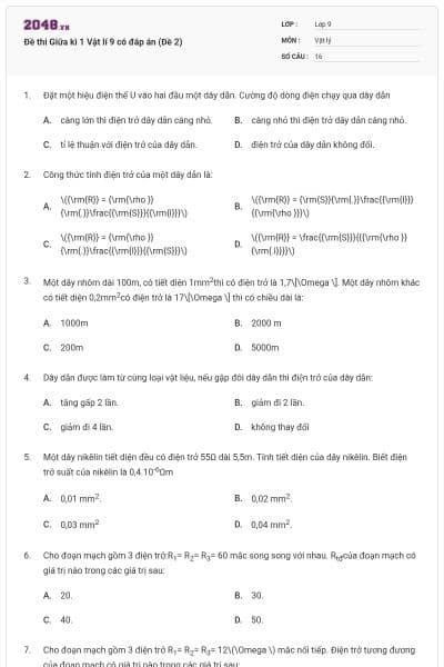 Đề thi Giữa kì 1 Vật lí 9 có đáp án (Đề 2)