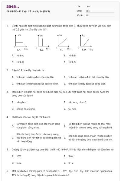Đề thi Giữa kì 1 Vật lí 9 có đáp án (Đề 3)
