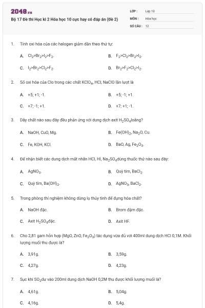 Bộ 17 Đề thi Học kì 2 Hóa học 10 cực hay có đáp án (Đề 2)