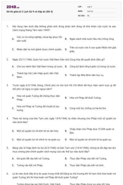Đề thi giữa kì 2 Lịch Sử 9 có đáp án (Đề 4)
