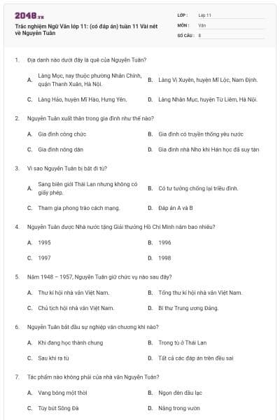 Trắc nghiệm Ngữ Văn lớp 11: (có đáp án) tuần 11 Vài nét về Nguyễn Tuân