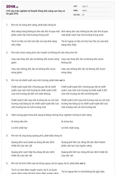 270 câu trắc nghiệm lý thuyết Sóng ánh sáng cực hay có lời giải (P4)