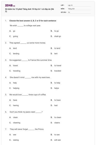 Đề kiểm tra 15 phút Tiếng Anh 10 Học kì 1 có đáp án (Đề 3)