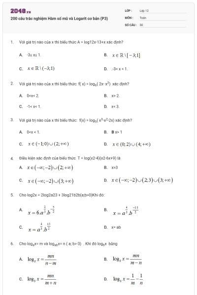 200 câu trắc nghiệm Hàm số mũ và Logarit cơ bản (P3)
