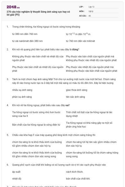 270 câu trắc nghiệm lý thuyết Sóng ánh sáng cực hay có lời giải (P5)