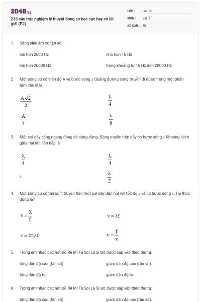 235 câu trắc nghiệm lý thuyết Sóng cơ học cực hay có lời giải (P2)