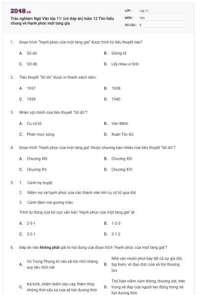 Trắc nghiệm Ngữ Văn lớp 11: (có đáp án) tuần 12 Tìm hiểu chung về Hạnh phúc một tang gia