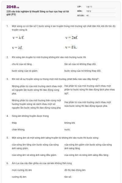235 câu trắc nghiệm lý thuyết Sóng cơ học cực hay có lời giải (P3)