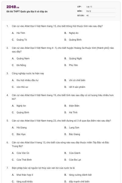 Đề thi THPT Quốc gia Địa lí có đáp án