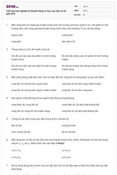 235 câu trắc nghiệm lý thuyết Sóng cơ học cực hay có lời giải (P4)