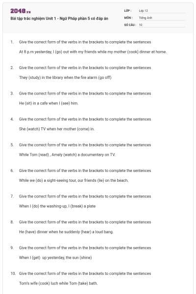 Bài tập trắc nghiệm Unit 1 - Ngữ Pháp phần 5 có đáp án