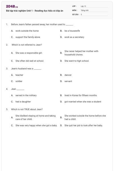 Bài tập trắc nghiệm Unit 1 - Reading đọc hiểu có đáp án