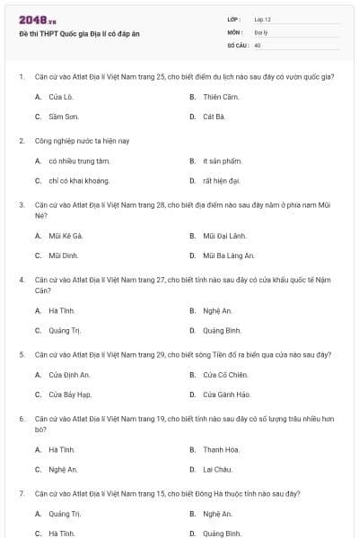 Đề thi THPT Quốc gia Địa lí có đáp án