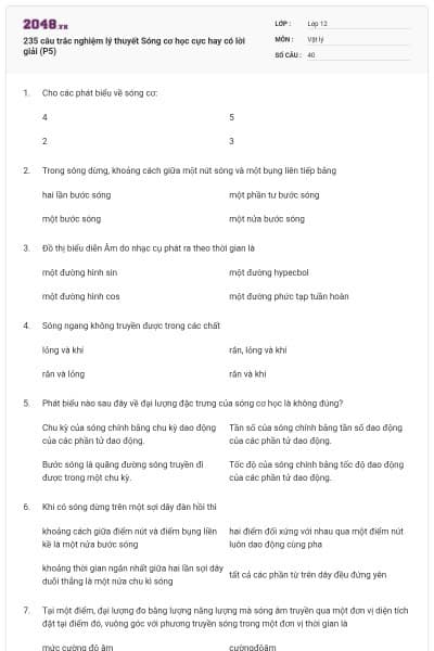 235 câu trắc nghiệm lý thuyết Sóng cơ học cực hay có lời giải (P5)