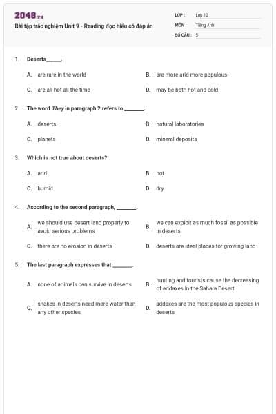 Bài tập trắc nghiệm Unit 9 - Reading đọc hiểu có đáp án