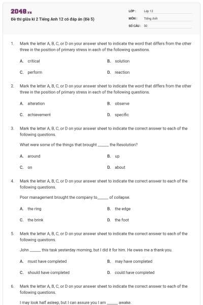 Đề thi giữa kì 2 Tiếng Anh 12 có đáp án (Đề 5)