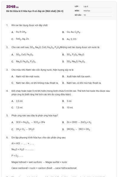 Đề thi Giữa kì II Hóa học 8 có đáp án (Mới nhất) (Đề 4)