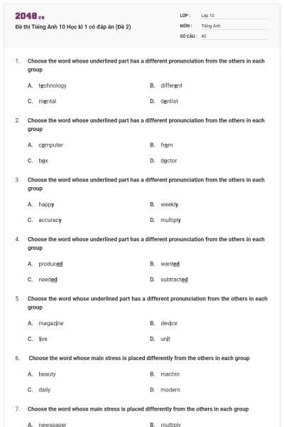 Đề thi Tiếng Anh 10 Học kì 1 có đáp án (Đề 2)