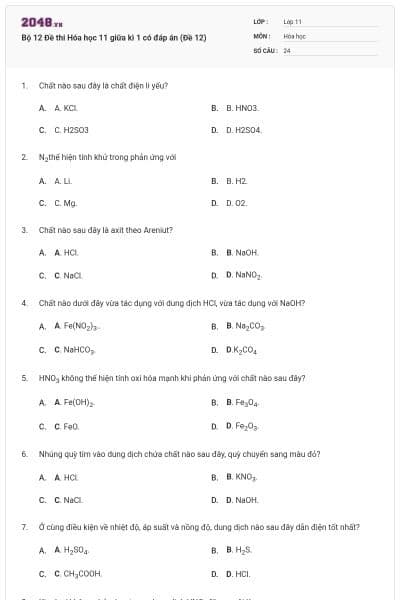 Bộ 12 Đề thi Hóa học 11 giữa kì 1 có đáp án (Đề 12)