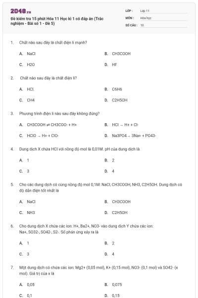 Đề kiểm tra 15 phút Hóa 11 Học kì 1 có đáp án (Trắc nghiệm - Bài số 1 - Đề 5)
