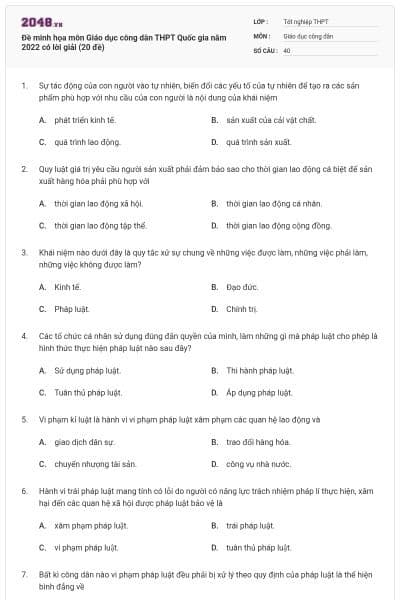 Đề minh họa môn Giáo dục công dân THPT Quốc gia năm 2022 có lời giải (20 đề)