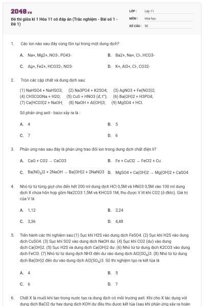 Đề thi giữa kì 1 Hóa 11 có đáp án (Trắc nghiệm - Bài số 1 - Đề 1)