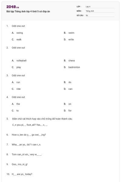 Bài tập Tiếng Anh lớp 4 Unit 5 có đáp án